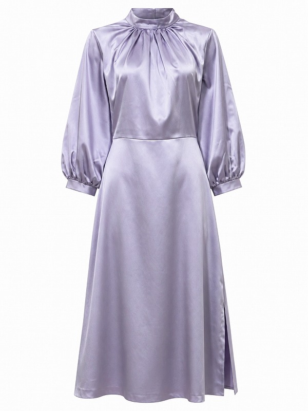 【新品DRESS 1965】メタリックタックデザインハイネックミモレ丈Aラインロングドレス パープル【Closet】